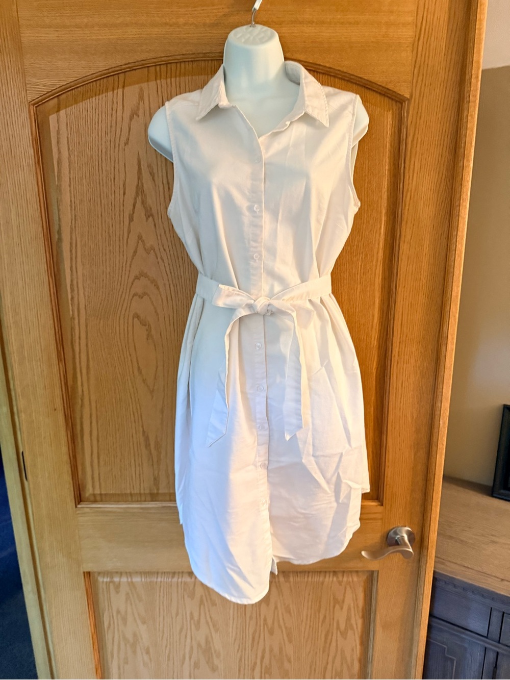 Lumiere Sleeveless White Shirt Midi Dress with Tie Waist